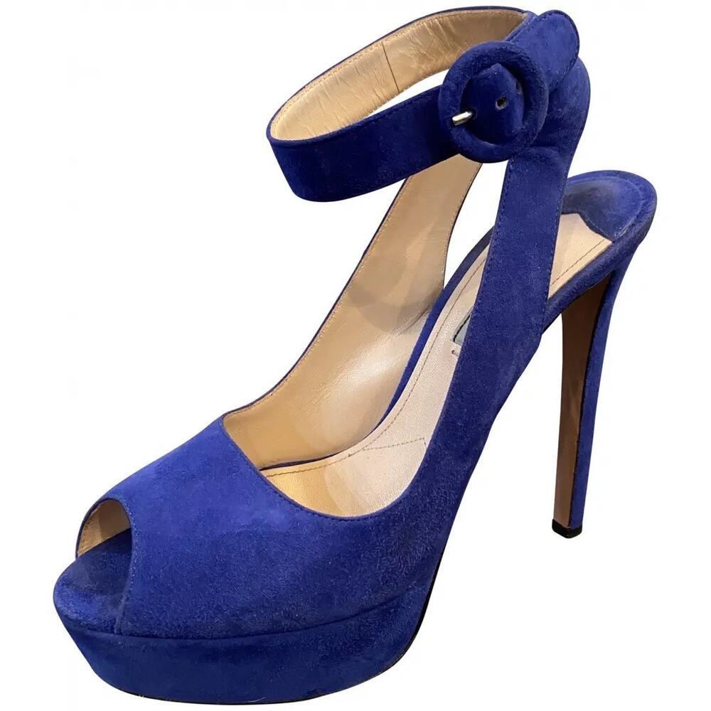 Prada Suede Peep Toe Ankle Strap Heels Women's Blue Size 38.5